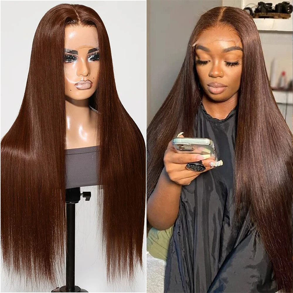 30 36 Inches Chocolate Brown Colored Straight Frontal 13x4 13x6 HD Transparent Lace Front Human Hair Wigs For Women 200% Desnity