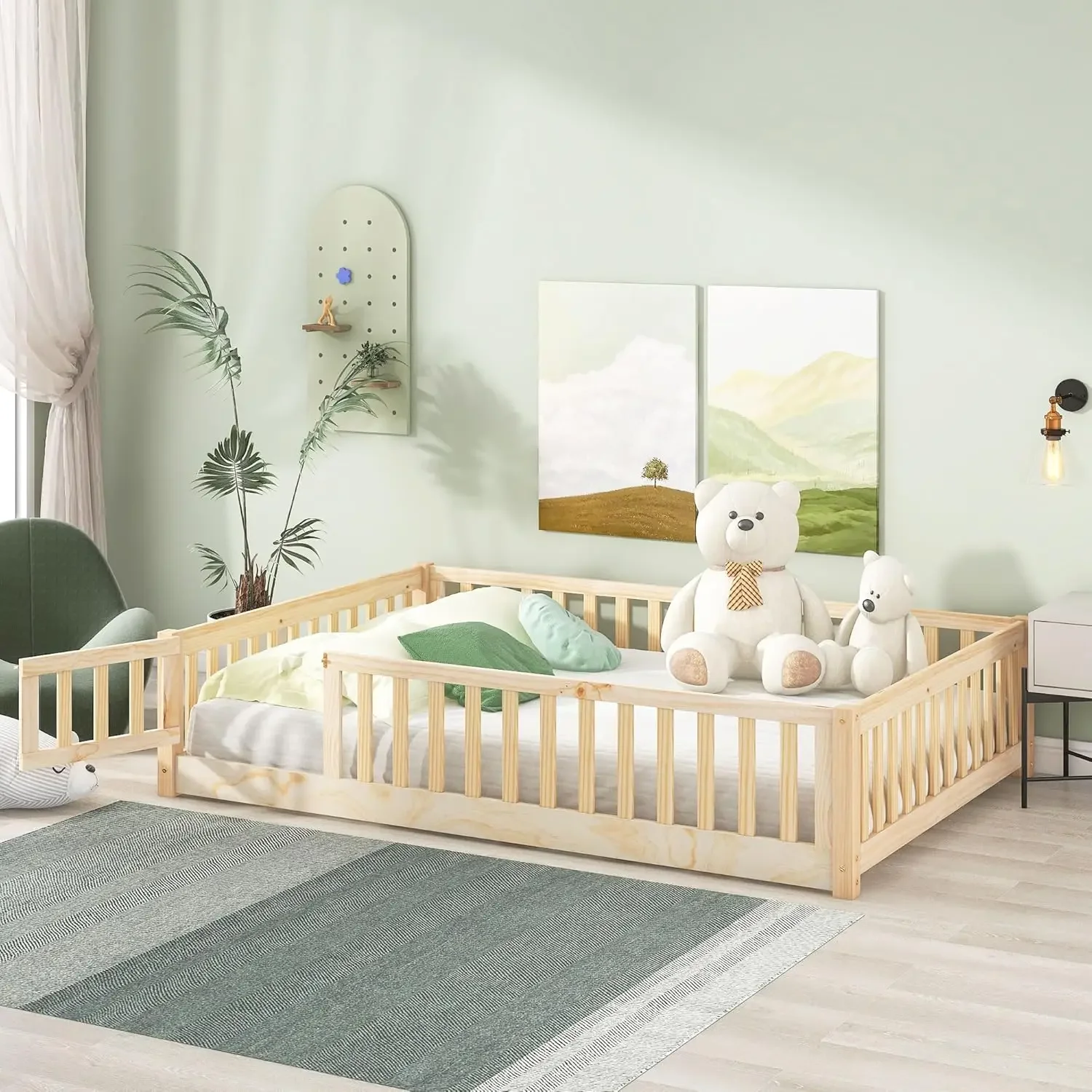 Estrutura de cama de chão de tamanho completo com cerca de segurança e porta, cama de chão montessori de madeira com suporte de ripas, estrutura de cama montessori f