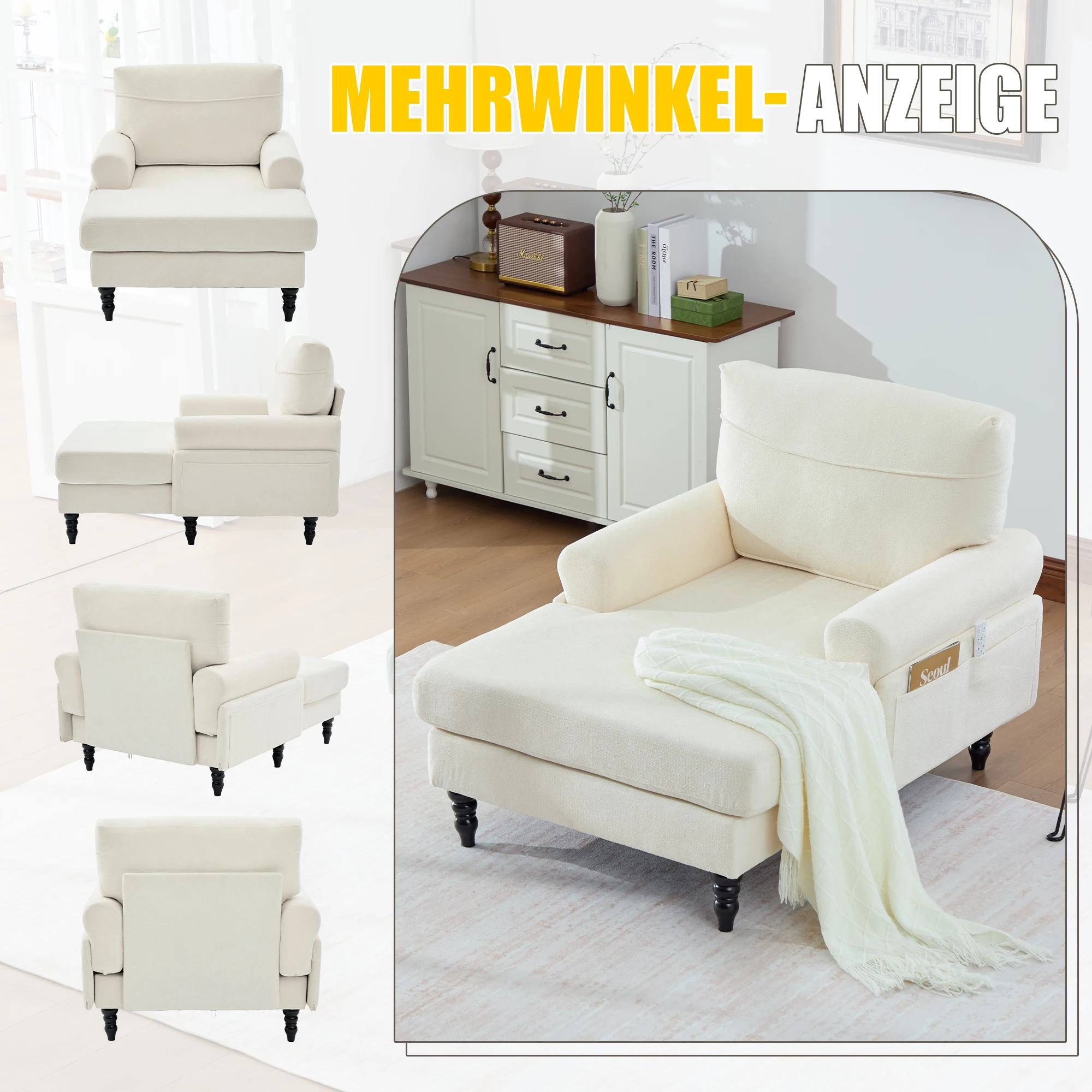 Moderner minimalistischer Samt-Loungesessel, Schlafzimmer-Einzelsofa mit Holzbeinen, bequemer Rückenlehne und Armlehnen – Detail 7