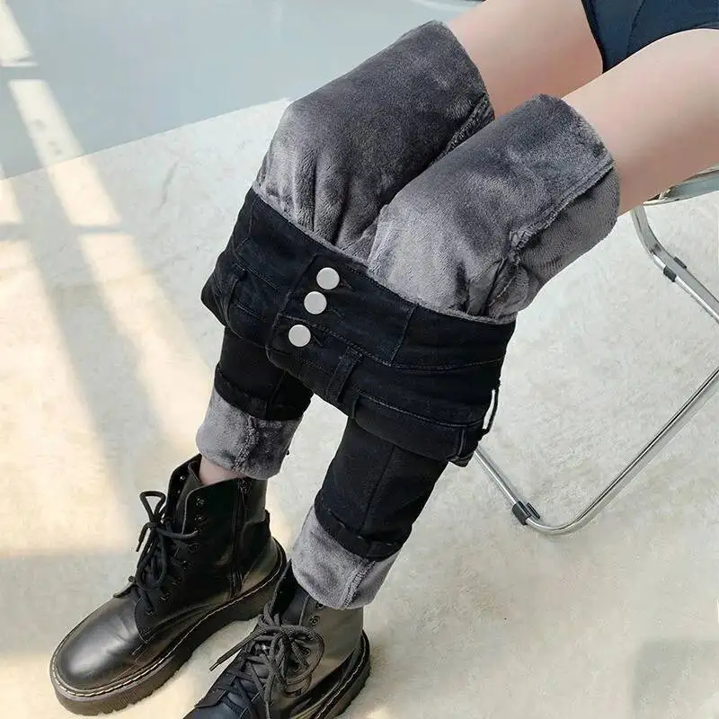 Jean en velours épais pour femme, mode coréenne, taille haute, slim, pantalon épais, chaud, extensible, crayon, Denim, hiver