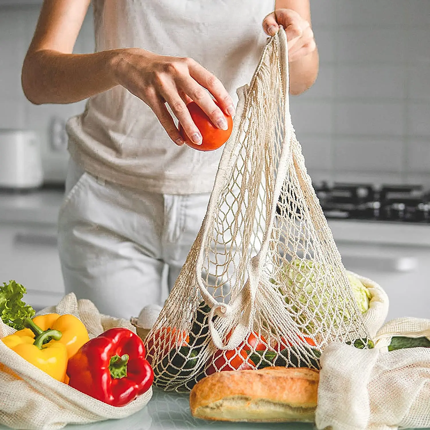 Cotton String Shopping Tote Bags Fruit Vegetable Storage Organizer Reusable Washable Grocery Eco Friendly Mesh Bags