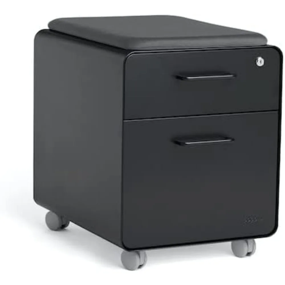 Mobile Mini Sittable Stow Rolling File Cabinet - Black with Black Seat Cushion. Two Locking Drawers and One Key Lock.