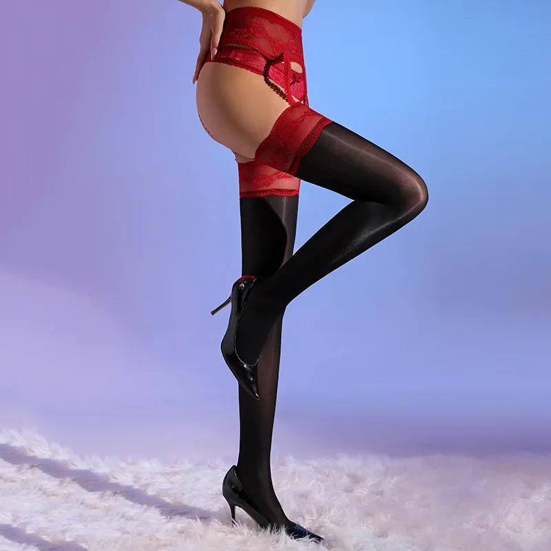 

Women High Sock Exotic Lingerie Night Club Wear Oil Shiny Open Crotch Pantyhose Garter Belt Ultrathin Transparent Mesh Stockings