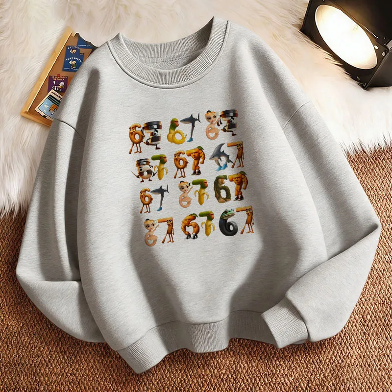 Kinder Einfarbiger Sweatshirt Kinderpullover Frühling Italian Brainrot 67 Six Seven Rundhals Grafik-Print Hoodie Junge/Mädchen