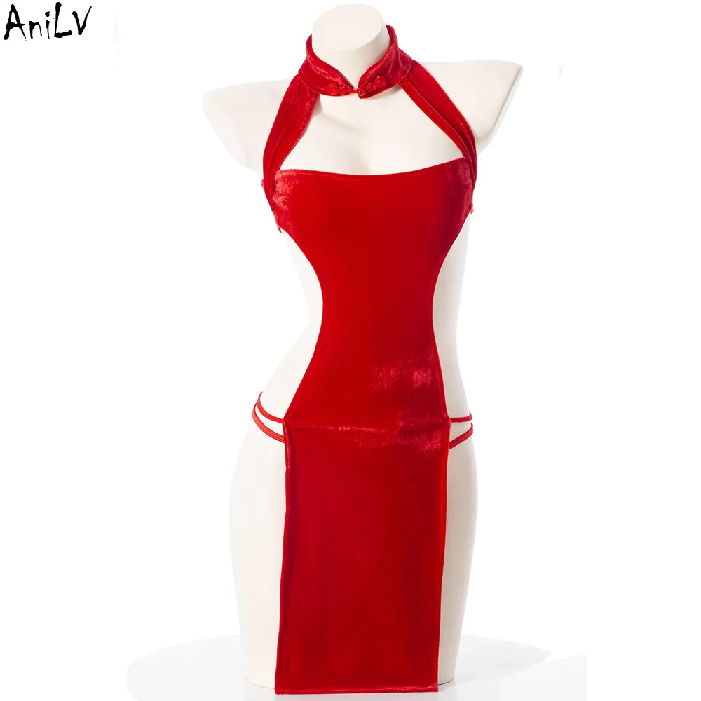 

AniLV Anime Chiness Red Chi-pao Uniform Women Cheongsam Dress Game Outfits Cosplay Costumes