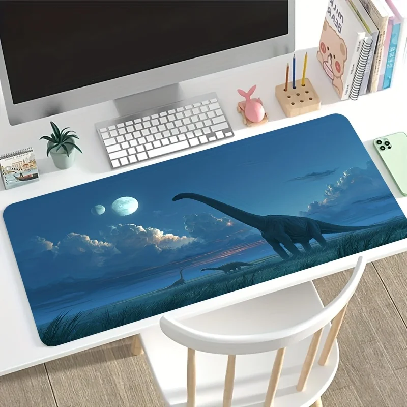 

Большой игровой коврик для мыши, дизайн «Динозавр и Двойная Луна» в стиле научной фантастики, винтажный натуральный узор, нескользящая моющаяся резиновая основа