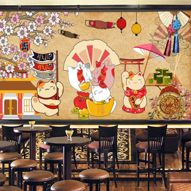 

Lucky Cat Sakura Japanese Culture Mural Wallpapers Industrial Decor Gourmet Sushi Restaurant Background Wall Papers 3D