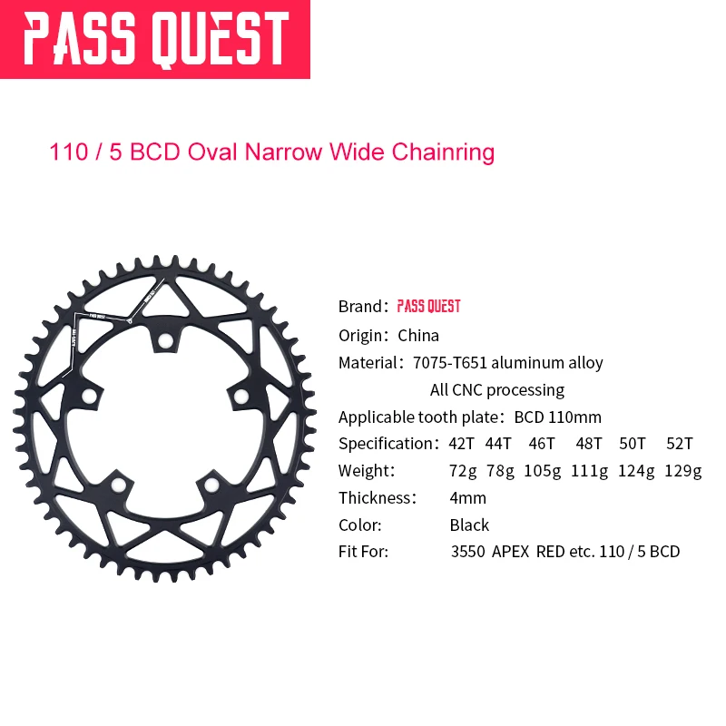 PASS QUEST 110BCD Five Claws Hollow  Oval Road Bike Narrow Wide Chainring Chainwheel BLACK