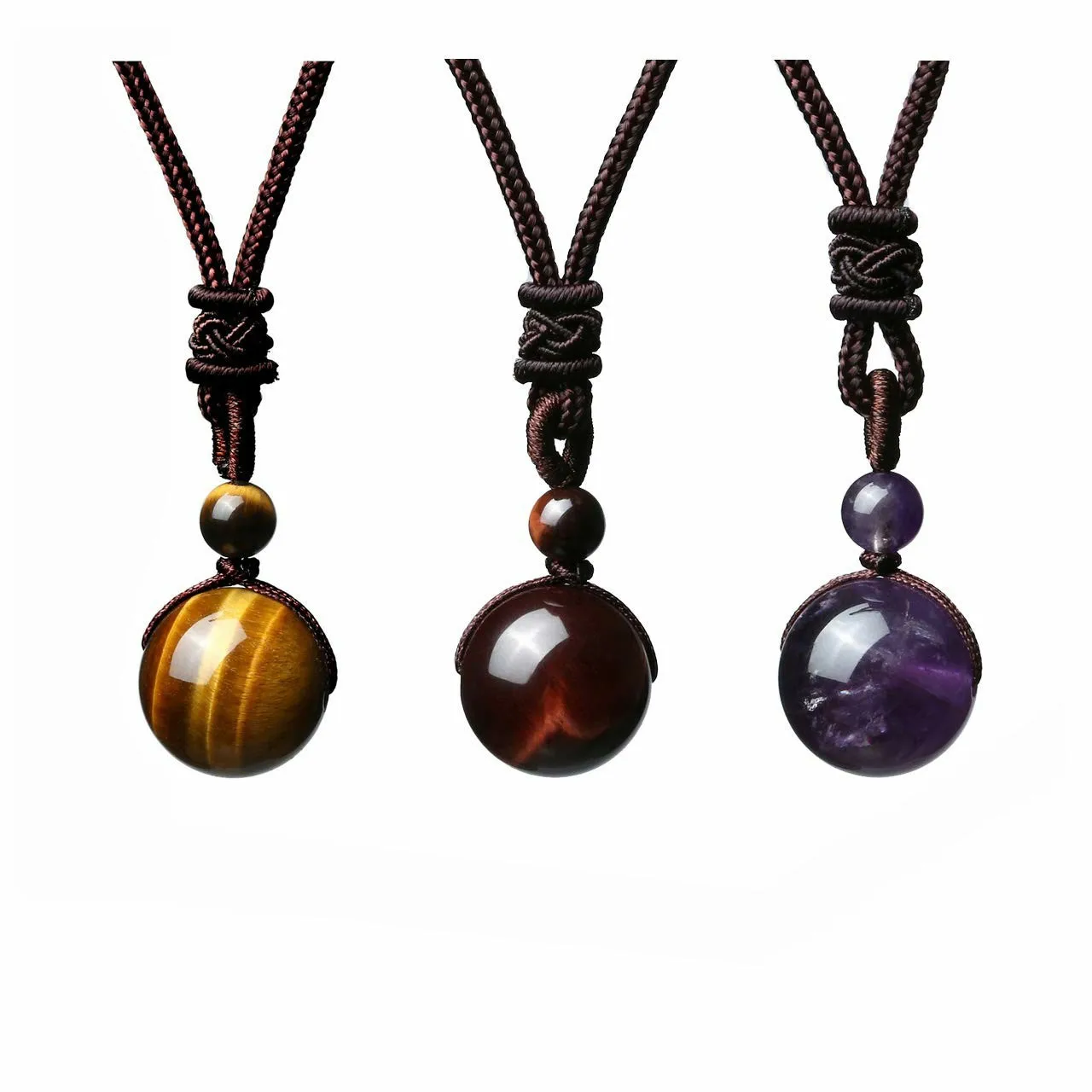 Vintage Tiger Eye Stone Necklace Lucky Pendant Natural Obsidian Transit Beads for Women/Men Rope Chain Round Obsidian