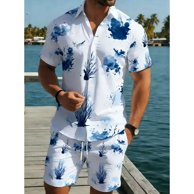 Men's Summer Hawaiian Shirt Shorts Set Blue Floral Lightweight Polyester Outdoor Casual Outfit