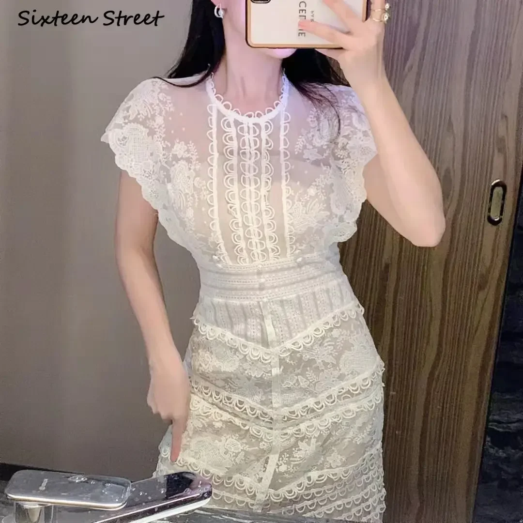 Vintage Lace Dress Women O-neck High Waisted Elegant Embroidery Flora Bodycon Dress Female Party Patchwork Runway Clothing