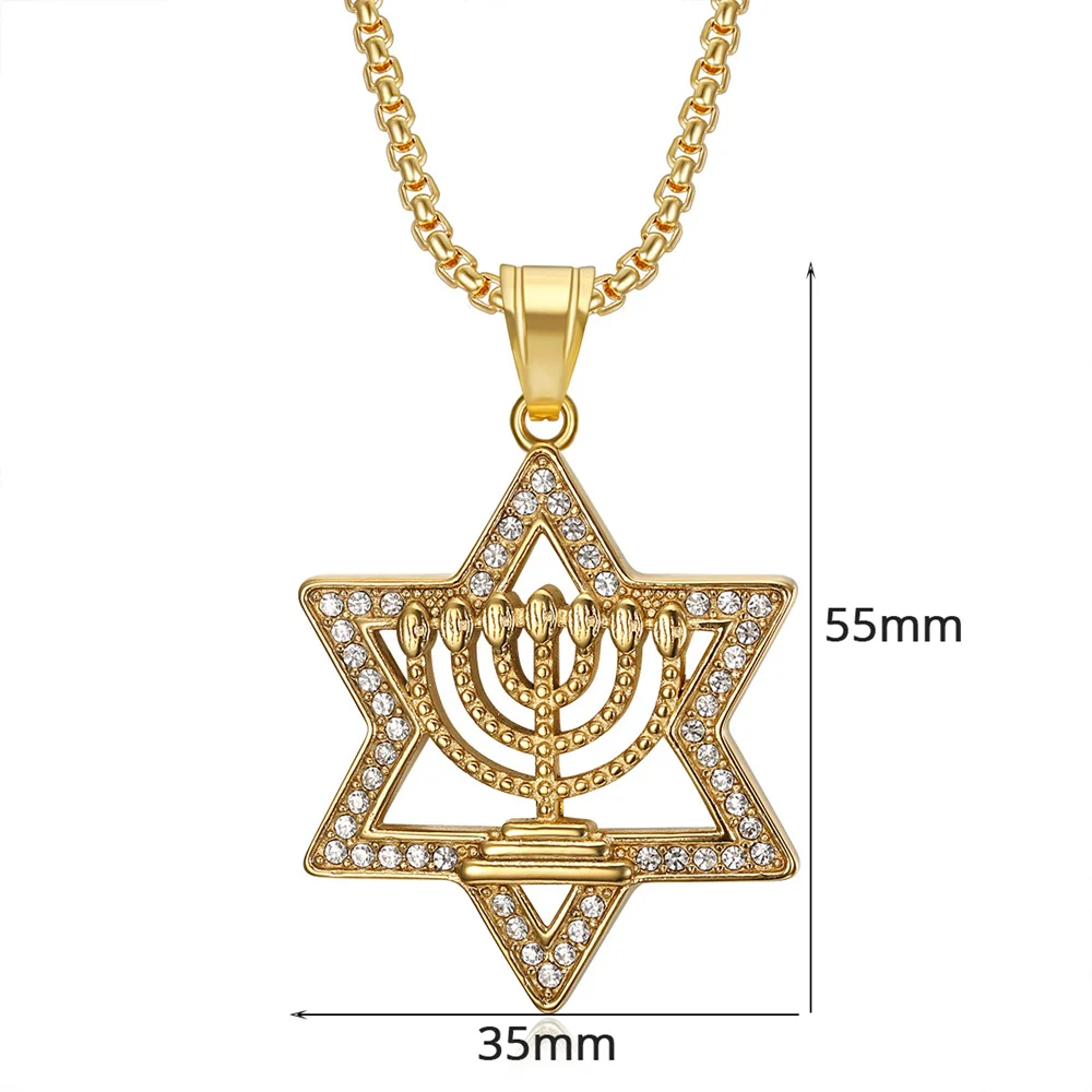 الهيب هوب مثلج خارج نجمة داود قلادة الذكور الذهب اللون الفولاذ المقاوم للصدأ الشمعدان قلادة للرجال اليهودية مجوهرات الحفلات هدية #3