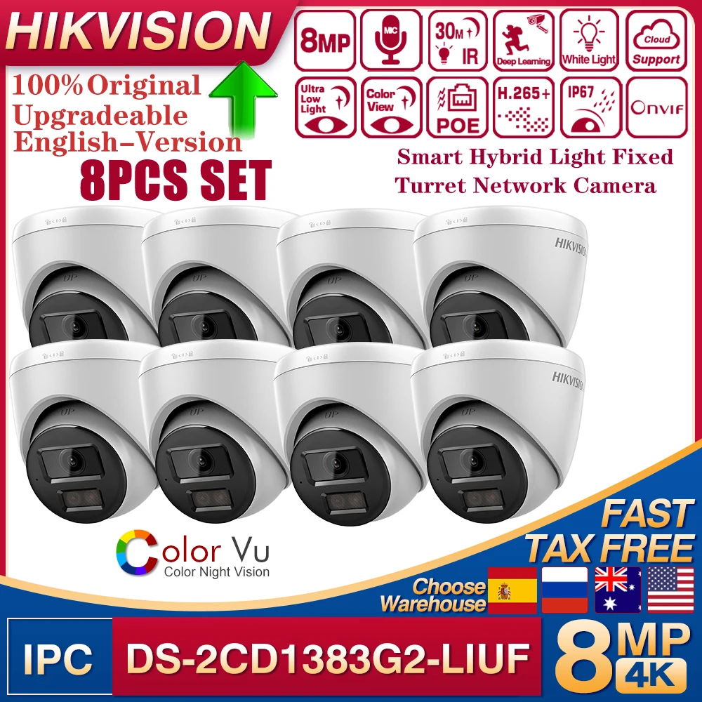 

8 шт. Hikvision DS-2CD1383G2-LIUF 4K 8MP умная гибридная сетевая камера с фиксированной турелью и поддержкой обнаружения людей и транспортных средств