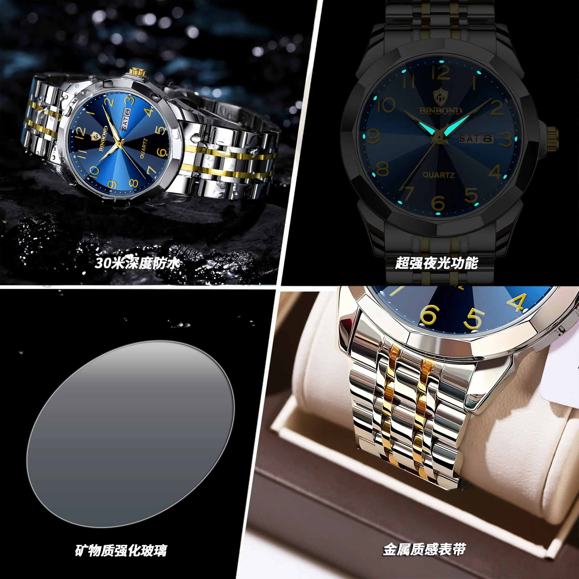BINBOND ساعات رجالية فاخرة موضة أصلية كوارتز ساعة يد كبيرة أرقام عربية الهاتفي حزام الفولاذ المقاوم للصدأ مقاوم للماء Reloj