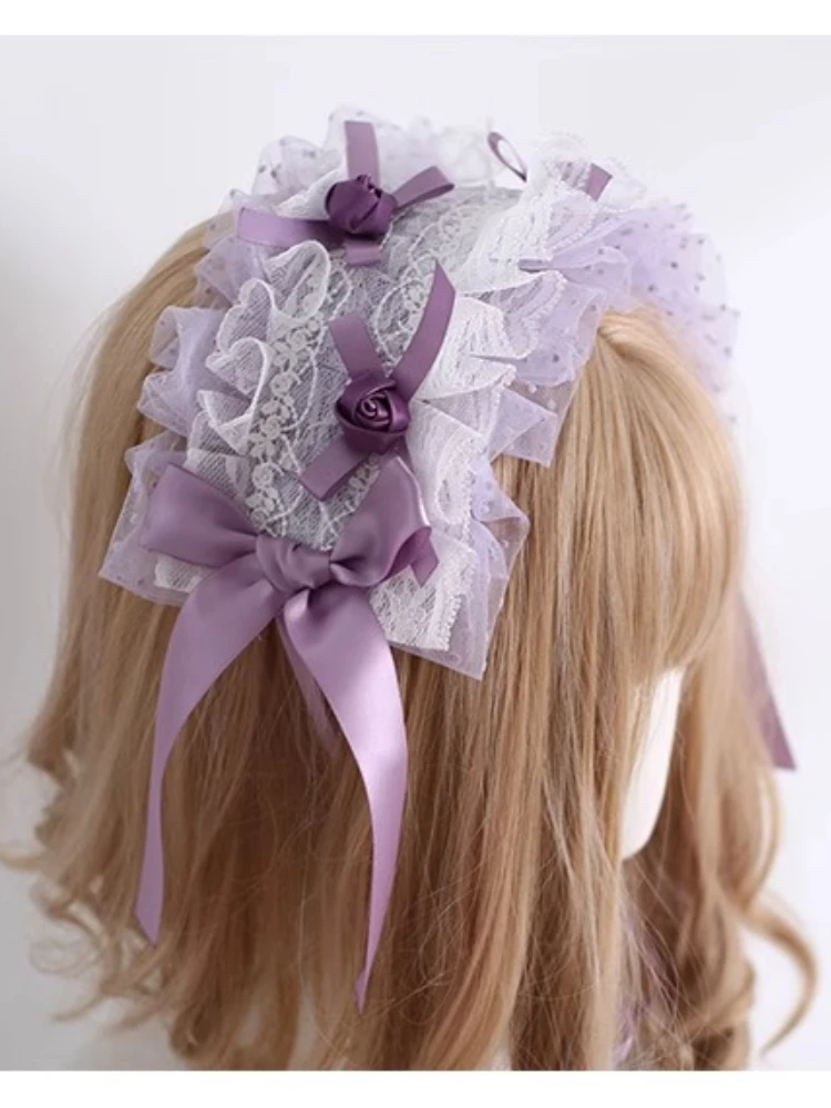 Original Sweet Elegant Princess Lolita Hair Accessories Handmade Dot Lace 3D Flower Bow Versatile Purple Headband Women Headwear