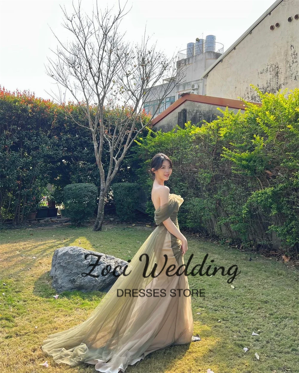 Zoci eleganti abiti da sposa coreani con spalle scoperte sirena verde tulle abiti da festa da sera foto sparare abito da sposa personalizzato