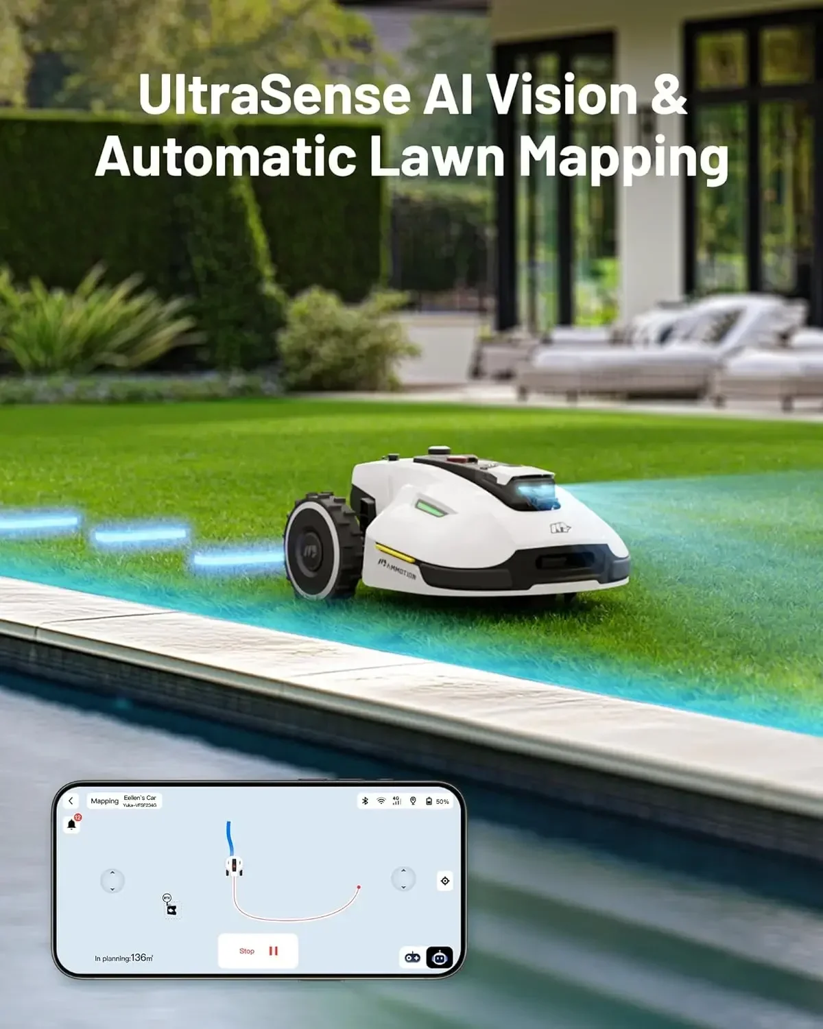 

XMSJ.1000 Robot Lawn Mower for 0.25 Acre, Ultrasense AI Vision & RTK Antenna, Auto Mapping App Control, 45% Slope Capability