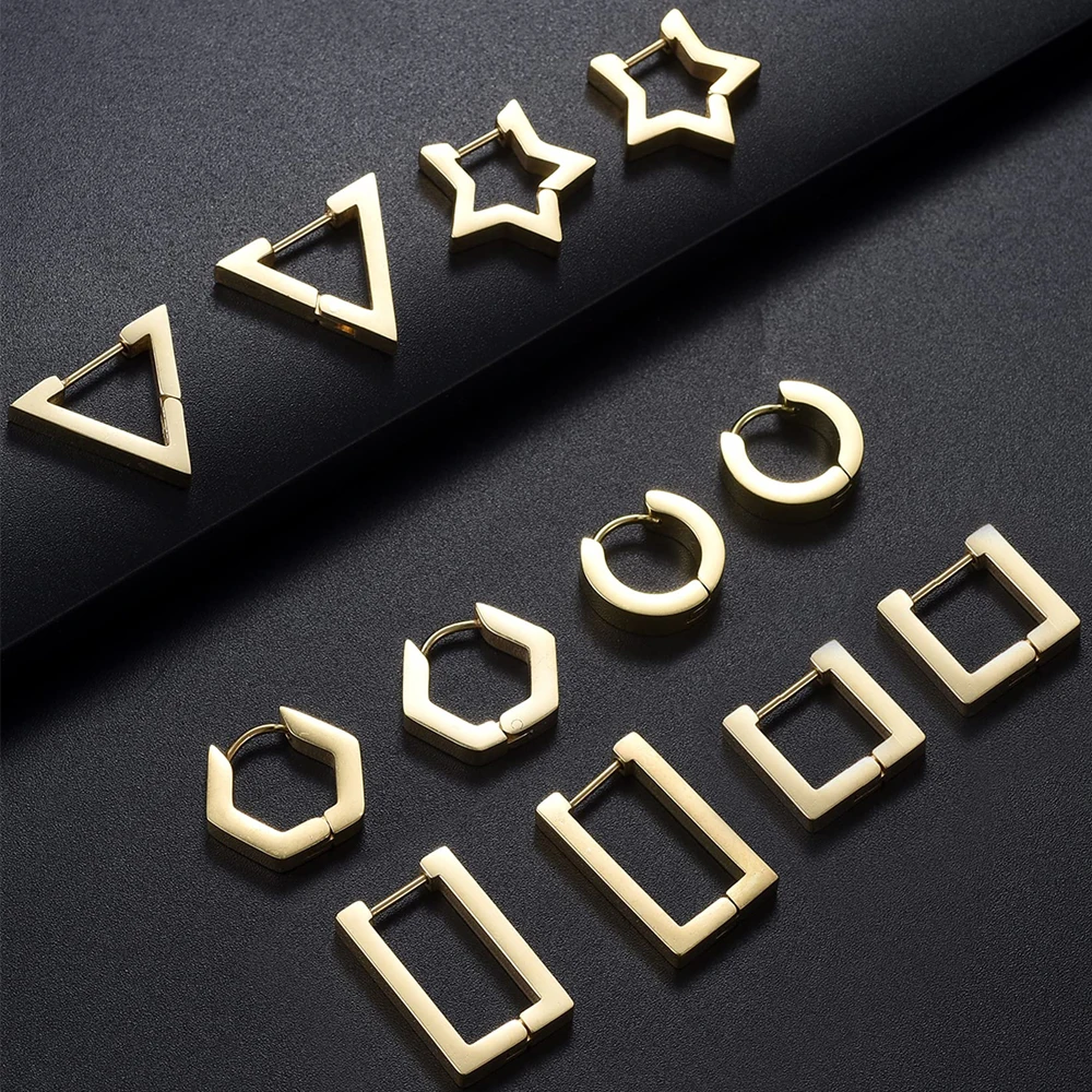 1/3/6 Pairs Minimalist Stainless Steel Small Dainty Geometric Square Triangle Star Rectangle Hoop Huggies Earrings for Men Women