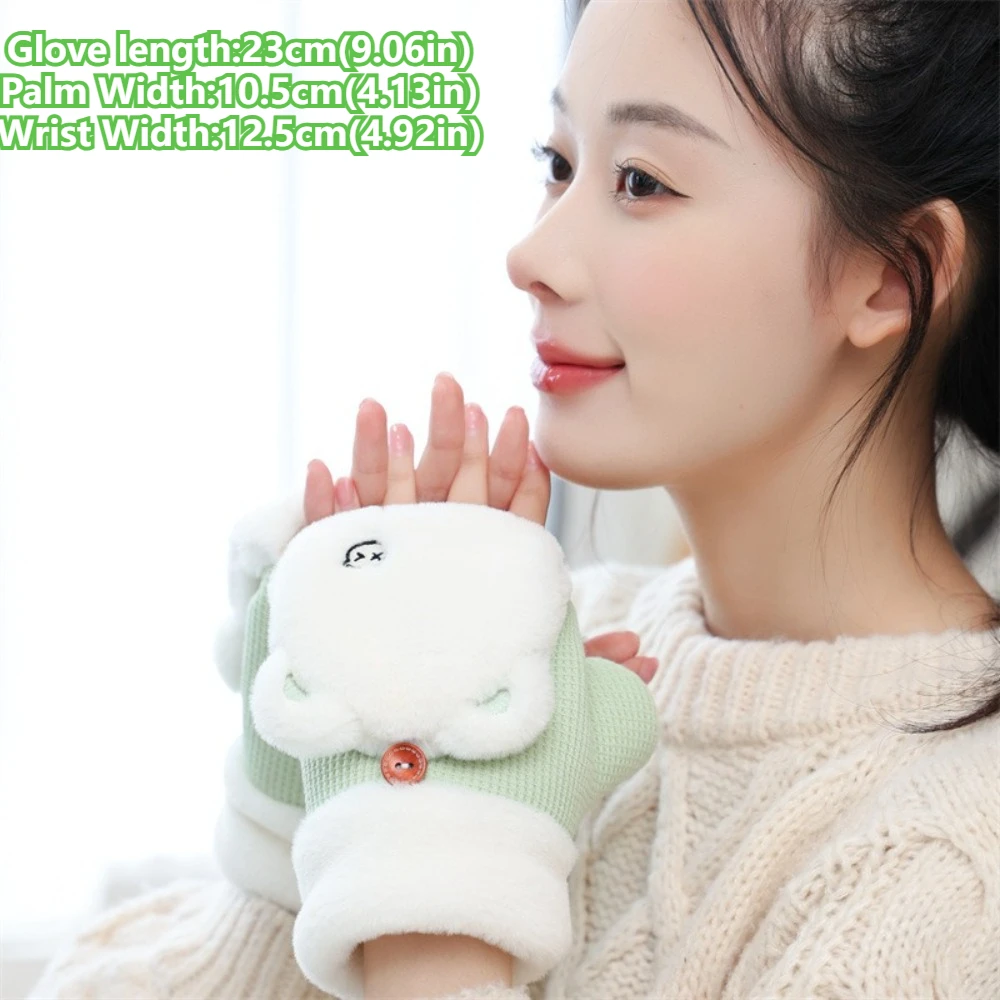 Cute Thickened Half Finger Gloves Warm Plush Winter Mittens Flip Soft Fingerless Gloves Women