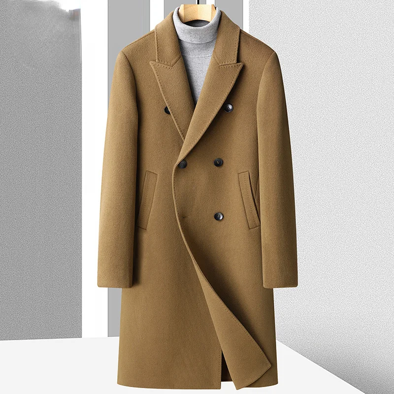 

2024 Autumn Winter Men's New Long Trench Jackets Male Double-breasted Woolen Coats Men Solid Color Wool Blends Overcoats W31