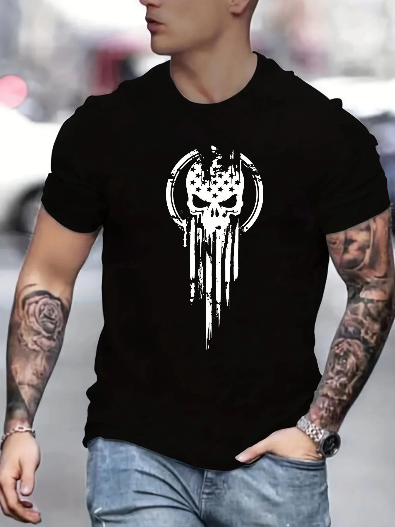 Men\'s Summer Loose Size 100% Cotton Skull Print Casual Slim Fit Round Neck Short Sleeve T-shirt Top O-neck Pactwork Casual T