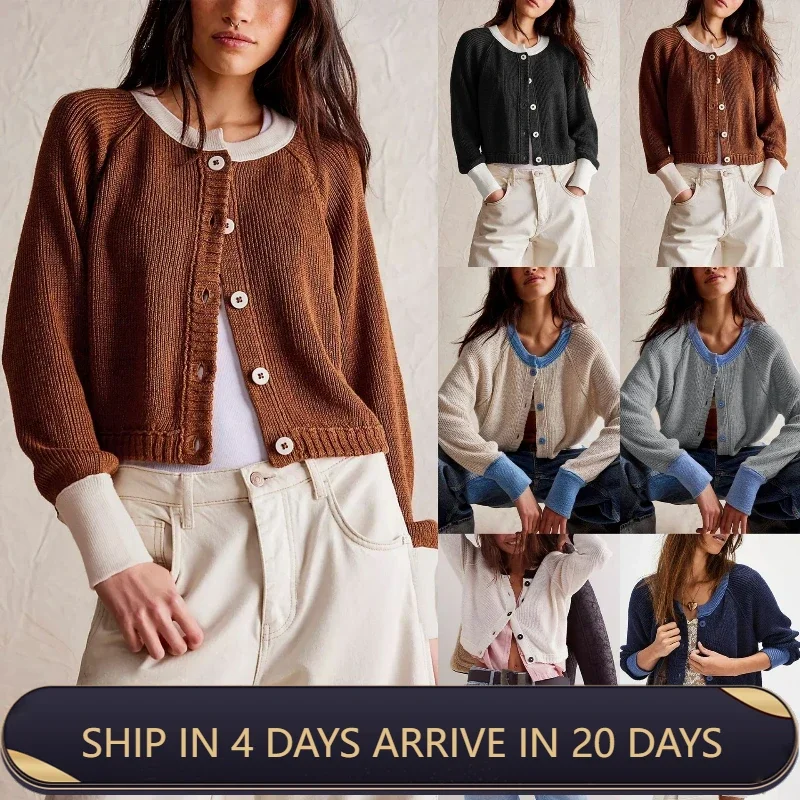 2024 New Fashion Classic Women's Clothing Contrasting Color Round Neck Cardigan Knitted Sweater Single Row Button Jacket Top