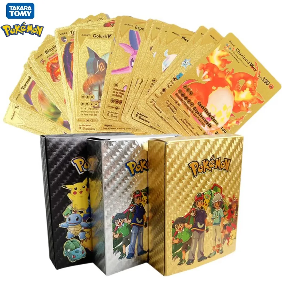 Pokemon Cards Metal Gold Vmax GX Card Box Black Mewtwo Charizard Pikachu Rare Collection Battle Trainer Card Children Toys Gift