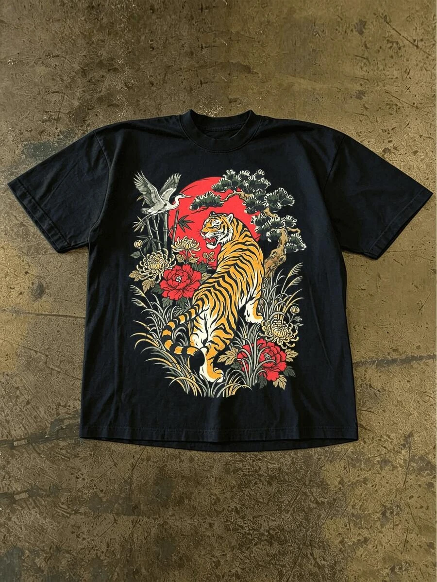 Women's Street Style Casual Y2K Retro T-Shirt, Crew Neck Short Sleeve Top With Japanese Floral Tiger Graphic Print, Loose Fit Comfort Tee For Holiday Outing & Daily Wear