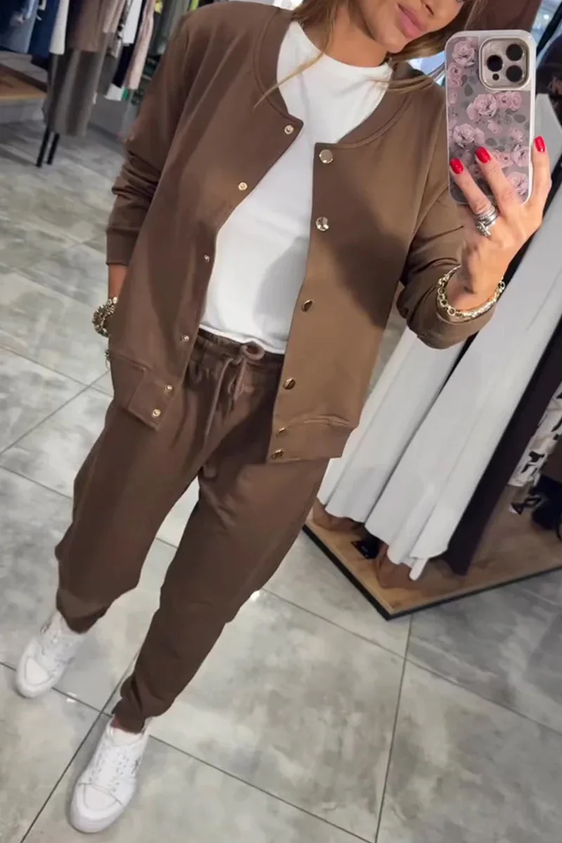 

Casual Solid Color 2 Piece Set Loose O-neck Button Long Sleeve Jacket Lace Up Trousers Suit Fashion Commuting Women Clothing
