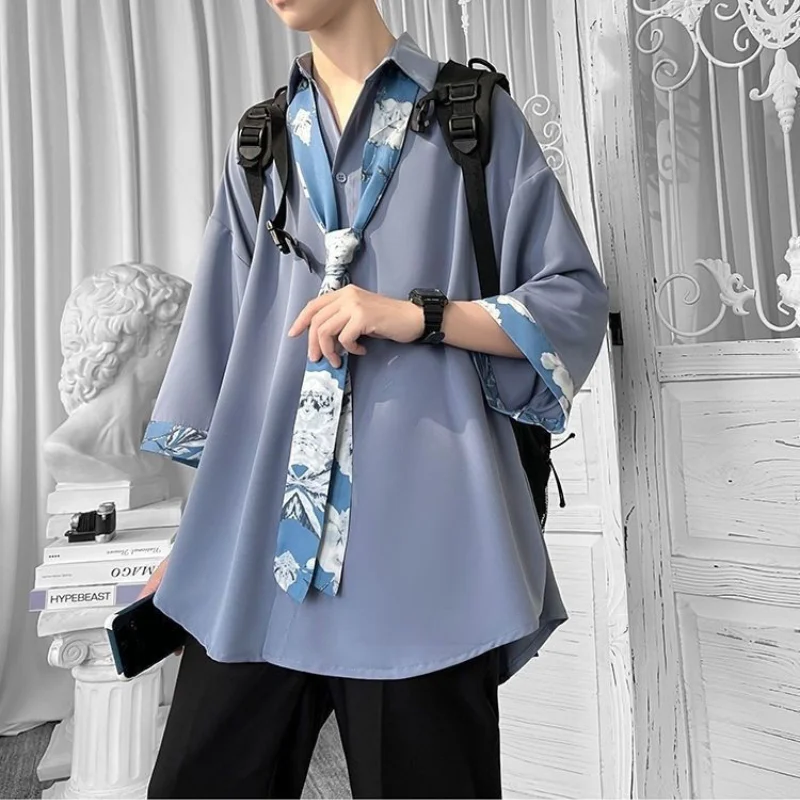 2023 Spring Summer New Solid Color Short Sleeve Men\'s Clothing Loose Oversized Fashion Casual Lapel Single-breasted Youth Shirt