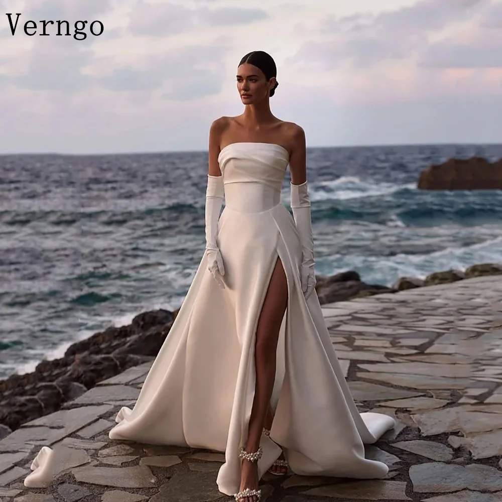 

Verngo Simple A Line Wedding Dress Strapless Bridal Gowns Side Slit Maxi Women Elegant Beach Bride Dresses Customized