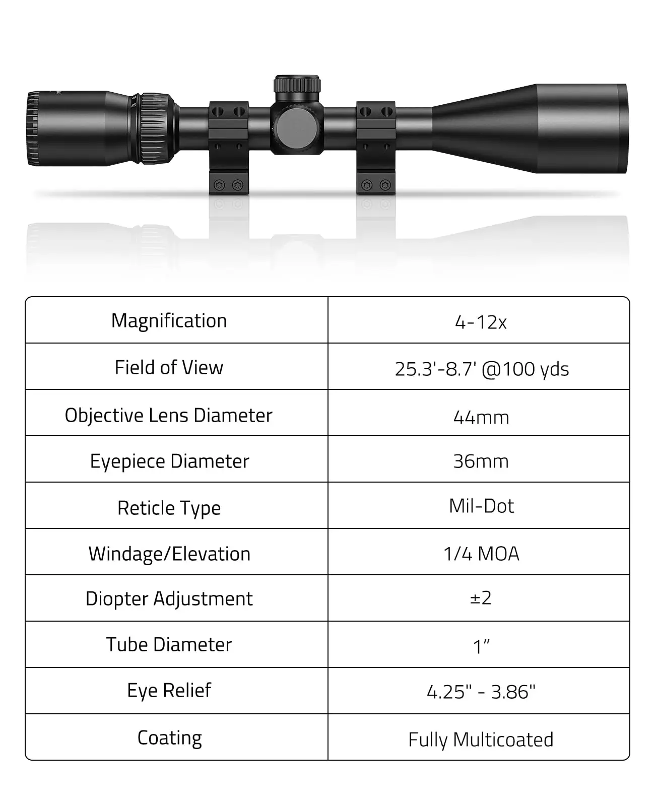

CVLIFE 4-12X44 Rifle Scope Mil-Dot Reticle Optic Riflescope Second Focal Plane 1-inch Tube Sights with Rings for 20mm Picatinny
