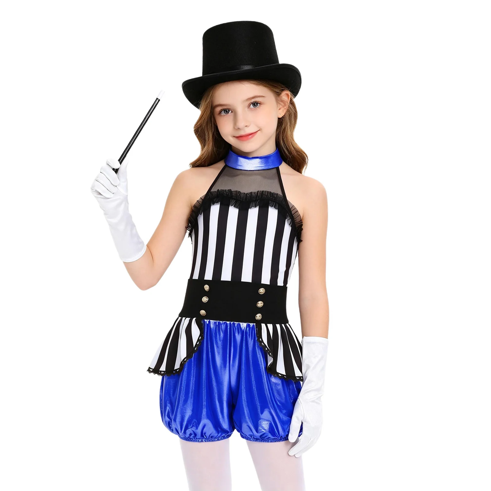 

Children 4 Piece Ringmaster Costume Sleeveless Metallic Gloss Jumpsuit Patchwork Waist Overlay with Wand Hat Gloves Halloween