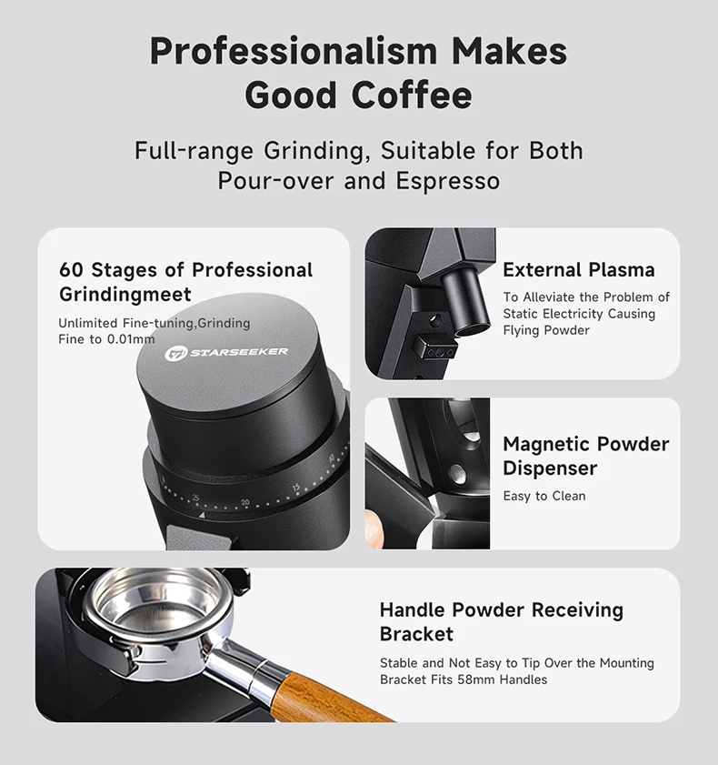 STARSEEKER EDGE PLUS Electric Coffee Grinder 63MM Titanium Burr Stepless Fineness Adjustment Removable Magnetic Suction Port