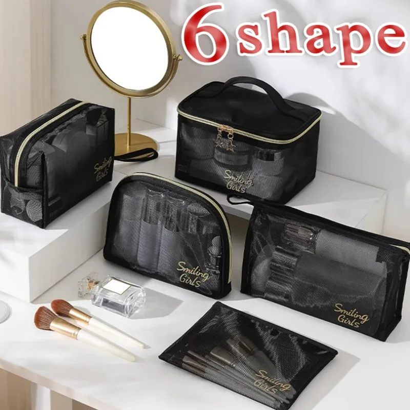 Multiple Shapes Mesh Cosmetic Bag Handheld Semi-transparent Makeup Case Toiletry Nylon Mesh Storage Bags Double Layered Pouch