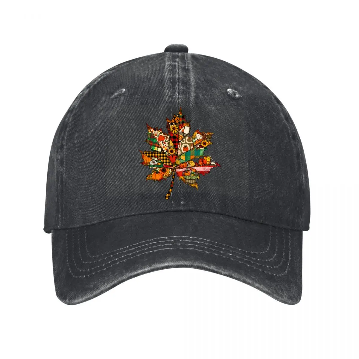 Patchwork Maple Leaf Autumn Harvest Pumpkins Sunflowers Collage Washed Baseball Cap Outdoor Hat