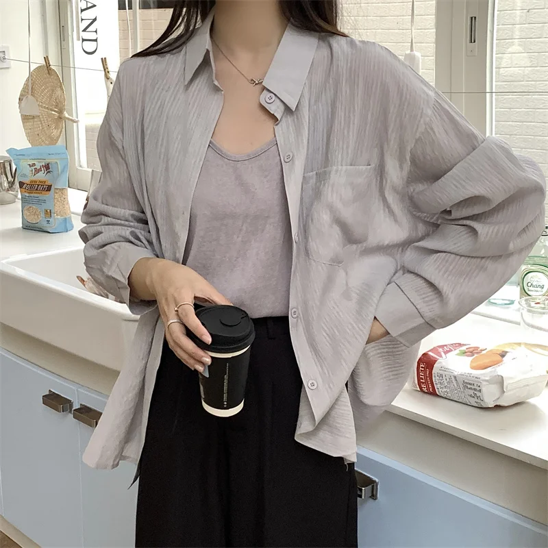 Women Thin Cotton Linen Cool Texture Long Sleeve Sunscreen Shirt Loose Casual Blouse Shirt Oversize Summer 2023