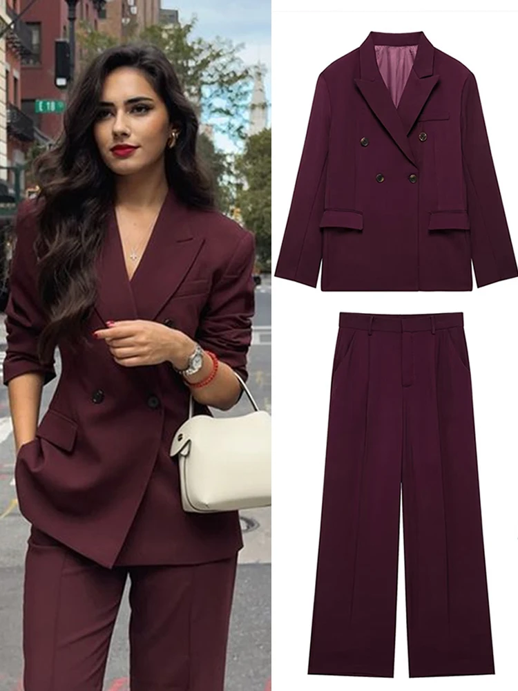 Fashion Solid Suit Long Pant Sets Women 2 Piece Outfits Classy Lapel Double Breasted Blazer Wide Leg Pant Office Lady Chic Suits