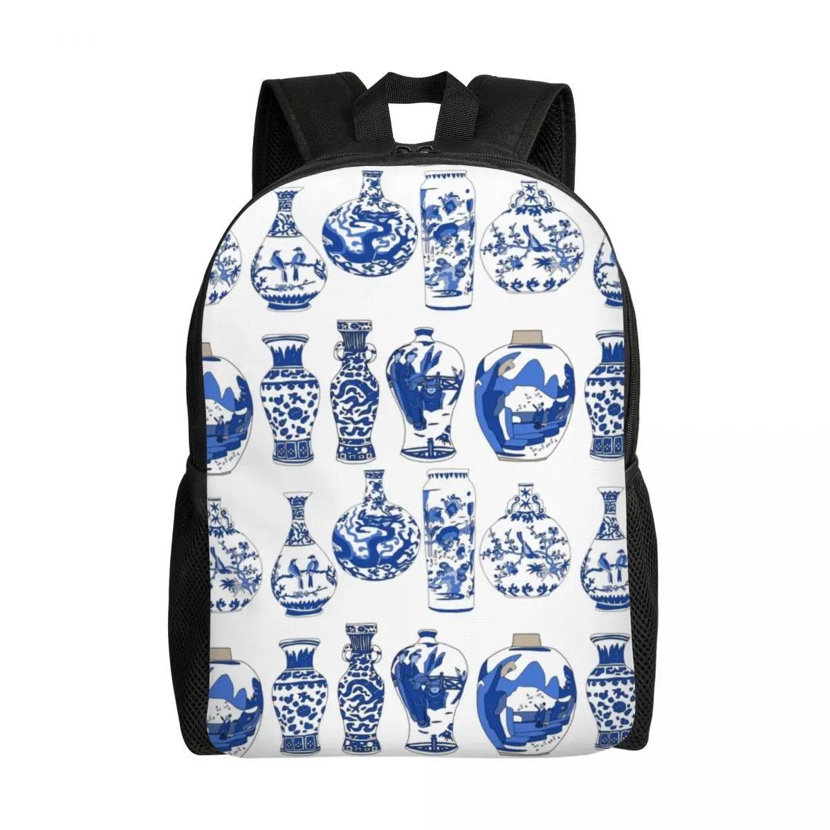 Pugs In Chinese Porcelain Backpack College School Students Bag Fits Laptop Oriental Chinoiserie Pattern Large Capacity Backpack