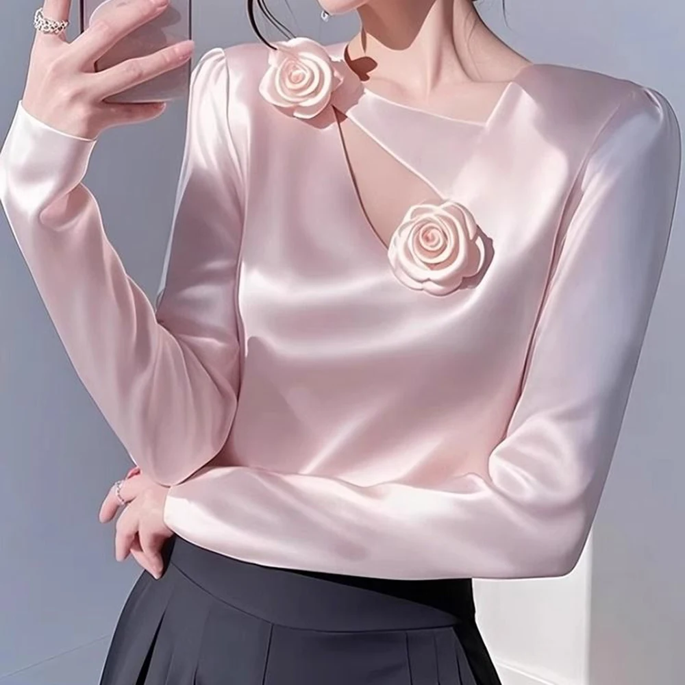 Rose chest flower ribbon shirt for women in autumn 2024, new professional commuting French style collar long sleeved top