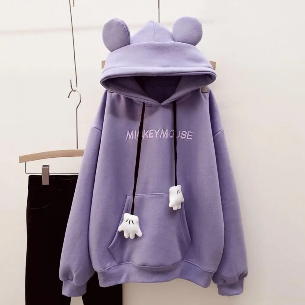 Fall Winter Women Hoodie Cartoon Hand Drawstring Ear Decor  Casual Hoodie Thick Patch Pocket Loose Long Sleeves Pullover Top