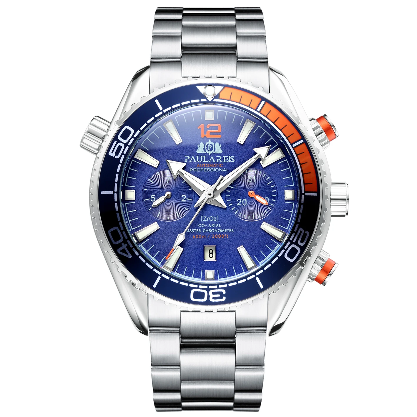 Automatic Watch Mechanical Self Wind Solid Stainless Steel Strap Orange Blue Multifunction Date Month 45mm for Men