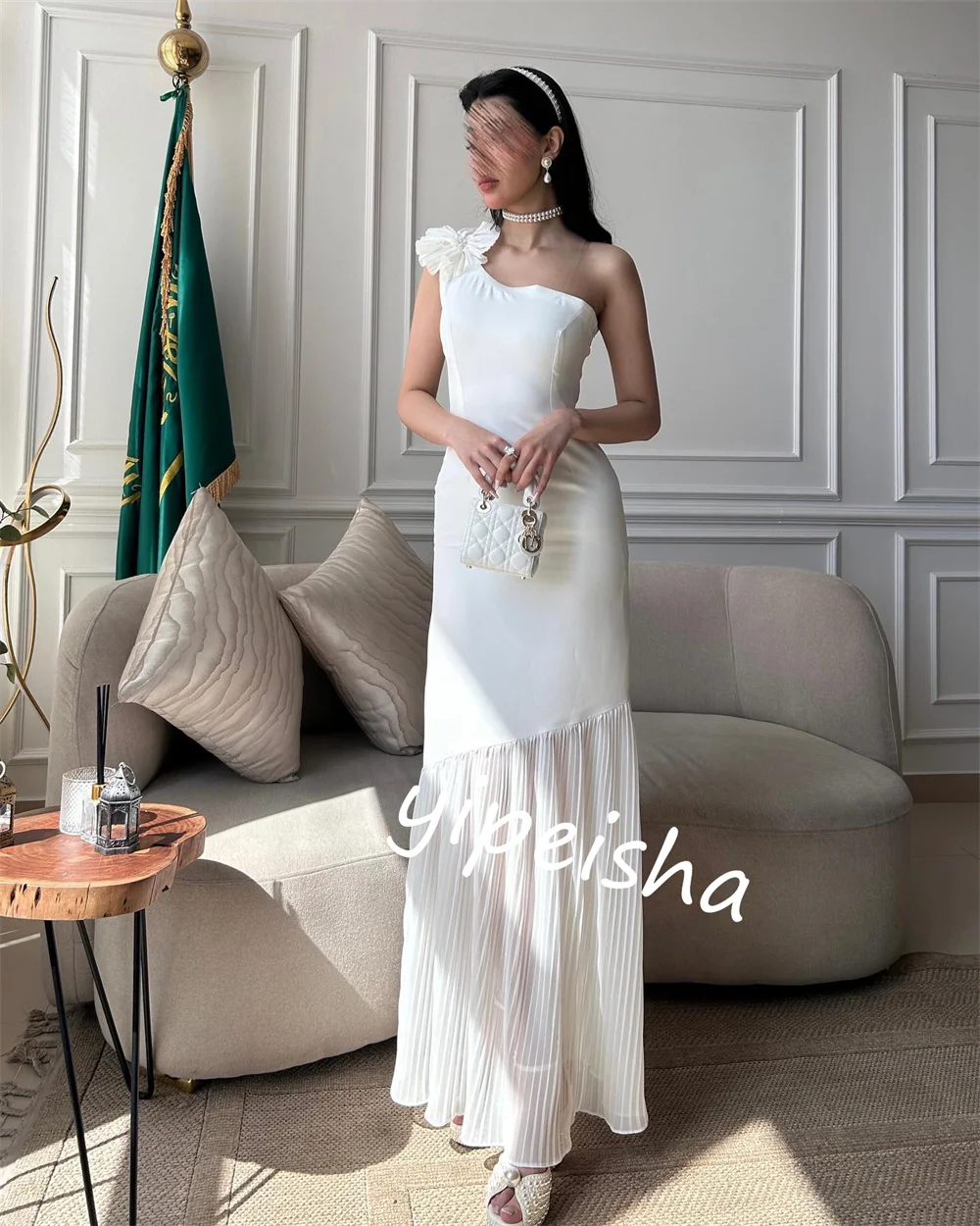  Evening      Charmeuse Flower Formal Sheath One-shoulder Bespoke Occasion Gown Midi es