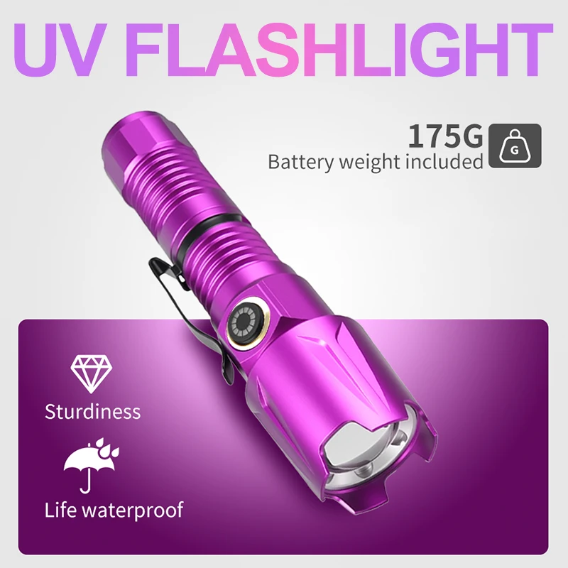 كاشف ببول الحيوانات الأليفة بالأشعة فوق البنفسجية 365 نانومتر/395 نانومتر - مصباح يدوي أسود قابل لإعادة الشحن عبر USB لبقع الكلاب/القطط والبق، والبقع (IP4 مقاوم للماء)