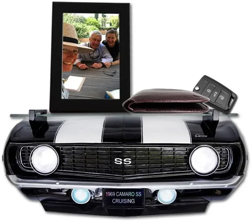 1969 Chevrolet Camaro SS Floating Wall Shelf, Black with White Stripes, 19.5x6x8 inches, Tempered Glass, Battery Po