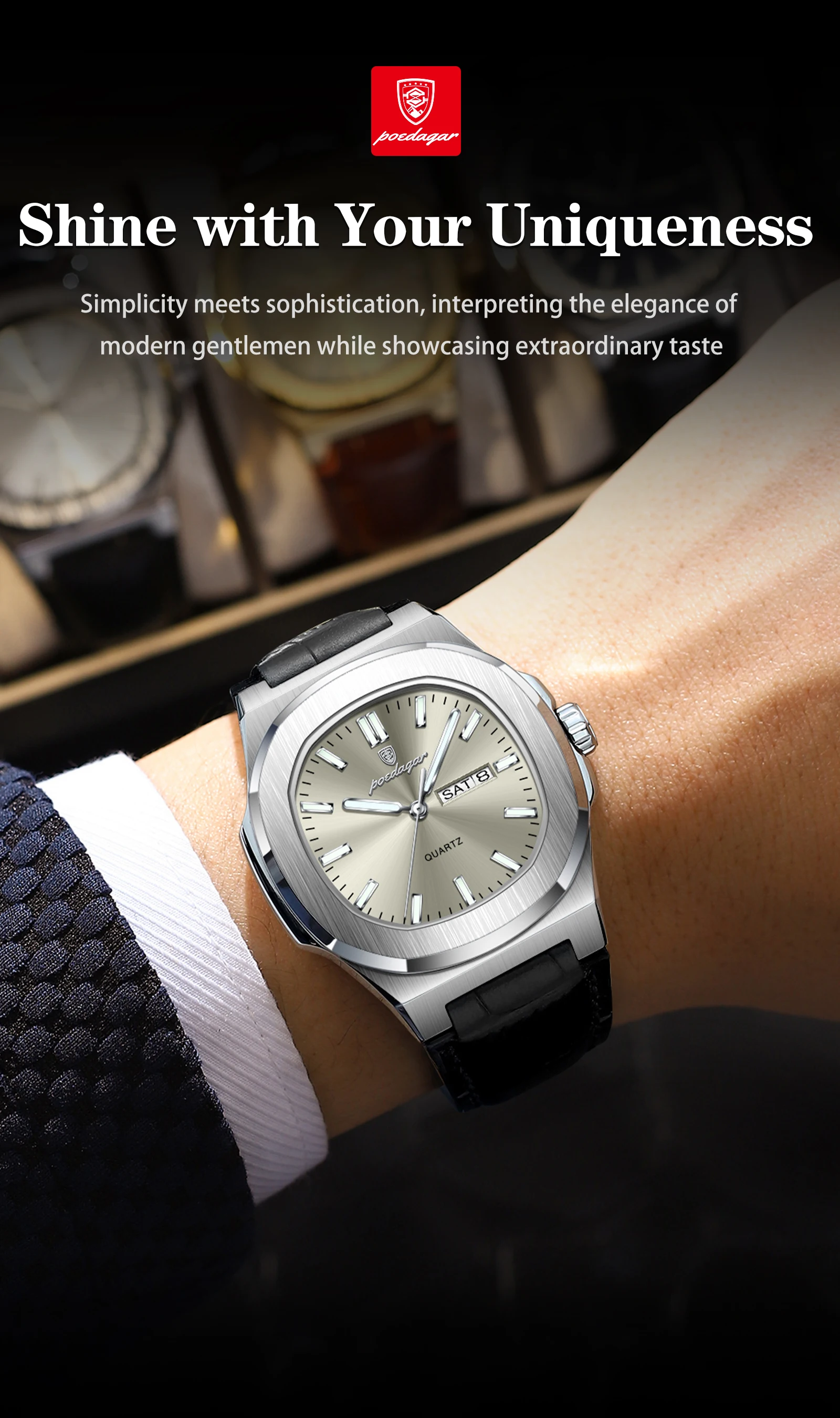 POEDAGAR Top Casual Herrenuhr Leuchtend Wasserdicht Leder Business Herren-Armbanduhr mit Wochentag und Datum Quarz Mode Herrenuhren Reloj – Detail 12
