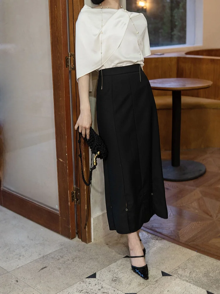 

Simple Bla Suit Skirt High Waist Loose Midi Skirt for Women Spring Season Straight Cut Asymmetrical Hemline Commute Sle