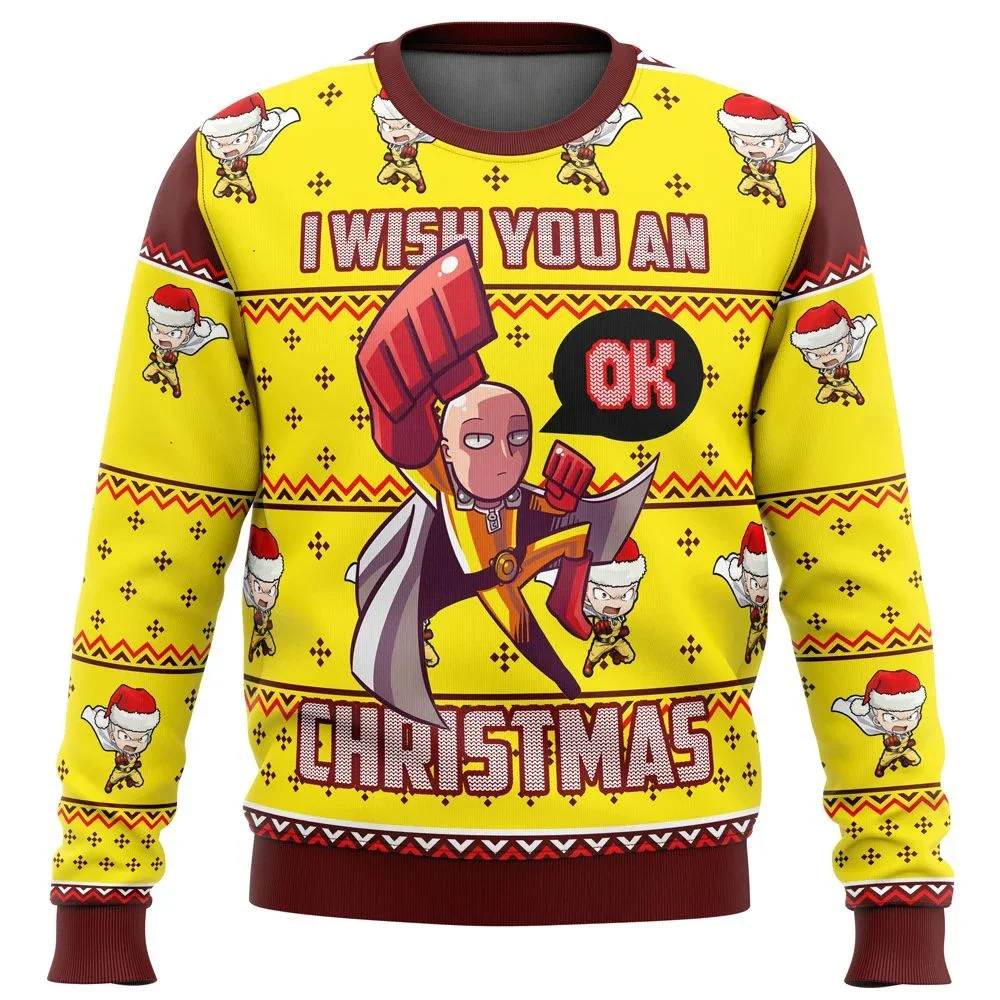 New Hot Selling One Punch Saitama Ok Ugly Christmas Sweater Gift Santa Claus Pullover Men's 3D Sports Shirt and Autumn/Winter To