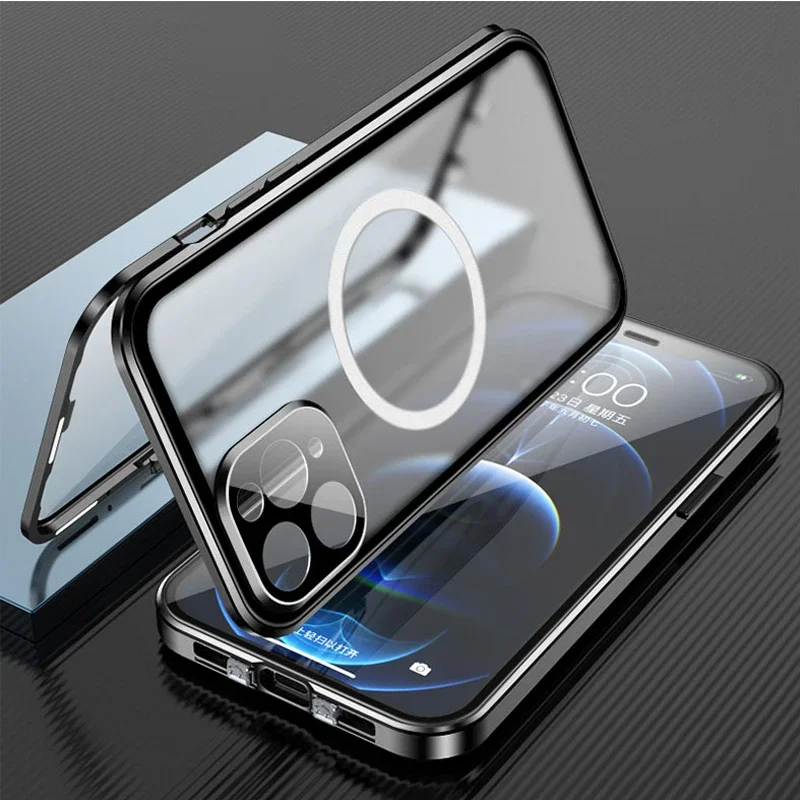 

Magnetic Wireless Charging Case For iPhone 13 Pro MAX 12 11 14 Plus 15 Metal Bumper Camera Protector Tempered Glass Phone Cover