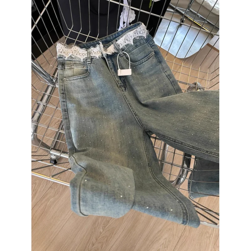 

Джинсы больших размеров с кружевной талией и блестящими бриллиантами для женщин, весна-осень 2023, прямые брюки с высокой талией и широкими штанинами длиной до пола